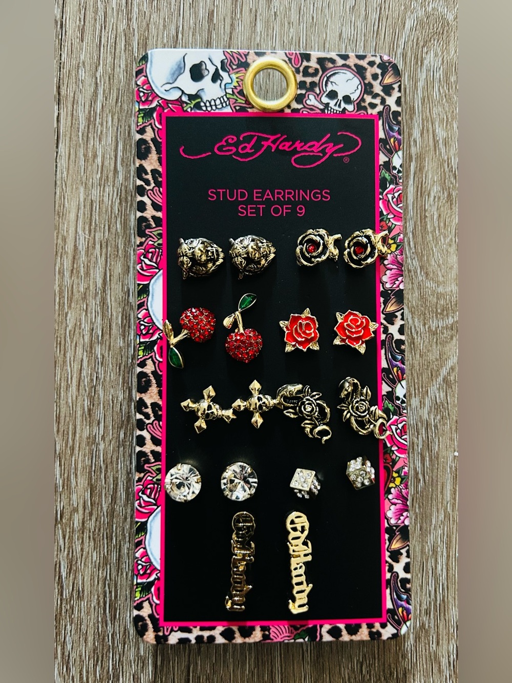 Ed Hardy Gold-tone Stud Earring Set of 9 - Picture 1 of 1